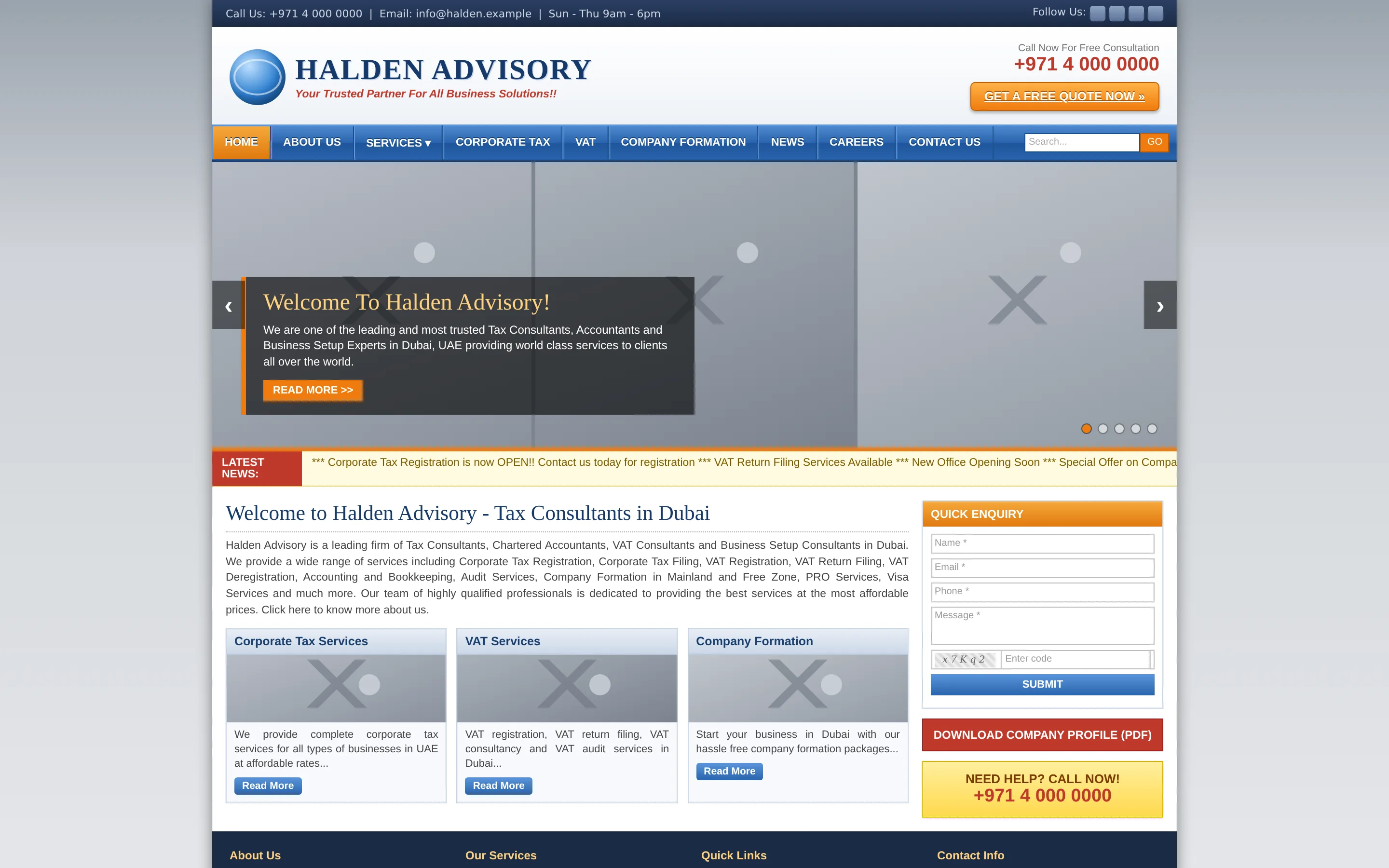 Illustrative dated homepage with a crowded menu, an image slider, small text and many competing buttons