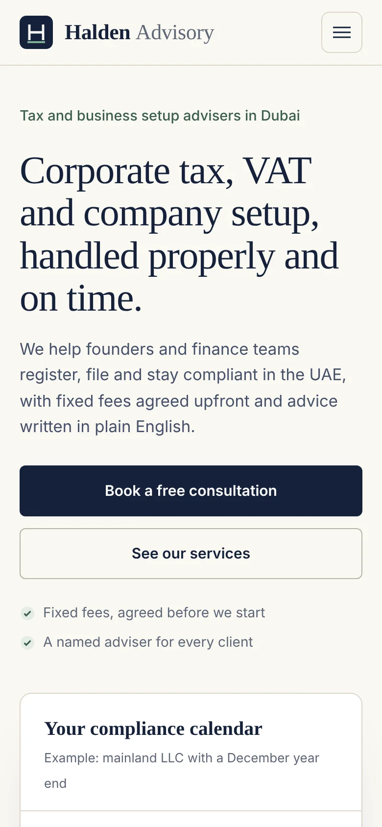 Halden Advisory concept homepage on a phone: a clear headline about corporate tax and VAT, a full-width consultation button and two short trust points
